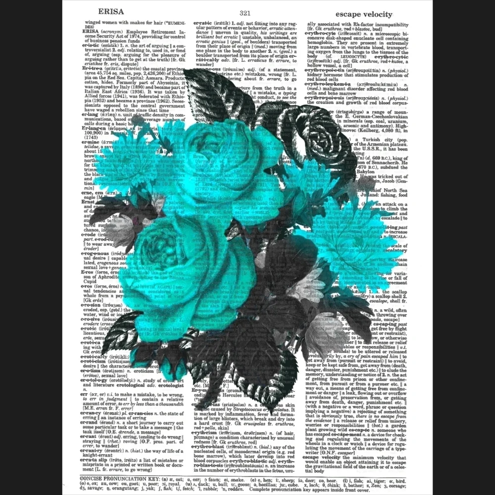 Chic Teal Roses Dictionary Art Print Wall Decor
